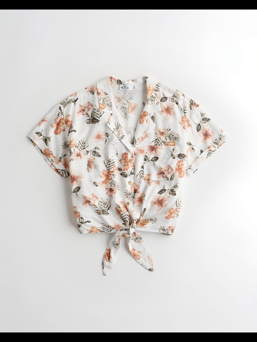 Hollister White Floral Tie-Front Camp Shirt